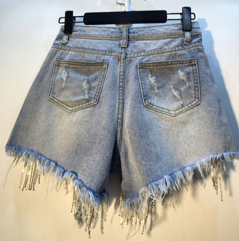 Rhinestone Fringed Denim Shorts