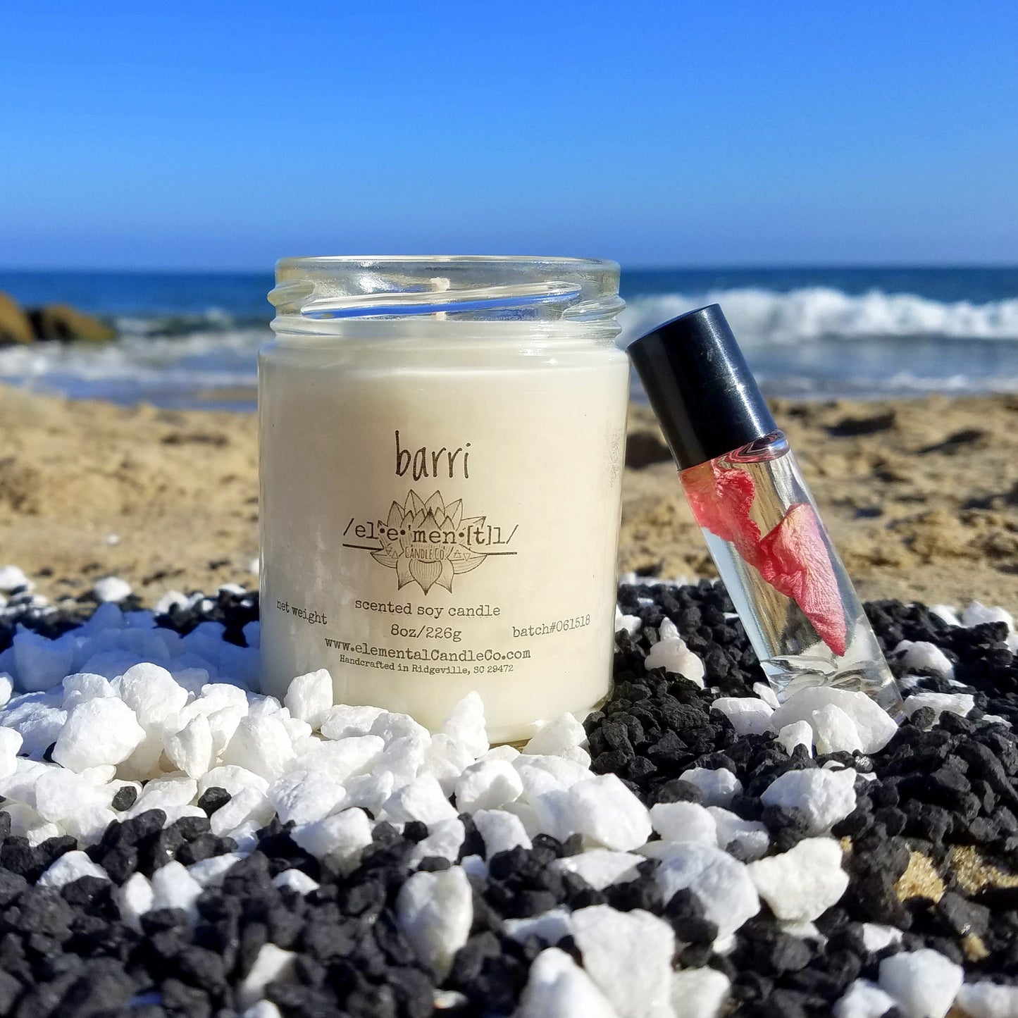 Barri Fragrance Set:  Scented Soy Candle + Crystal Infused Fragrance Oil Roller Ball