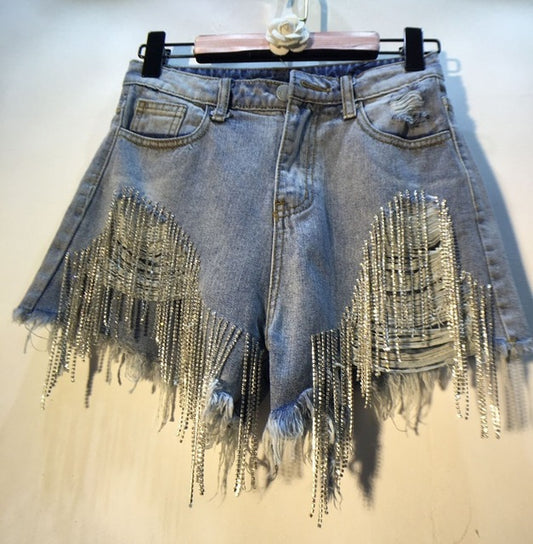 Rhinestone Fringed Denim Shorts